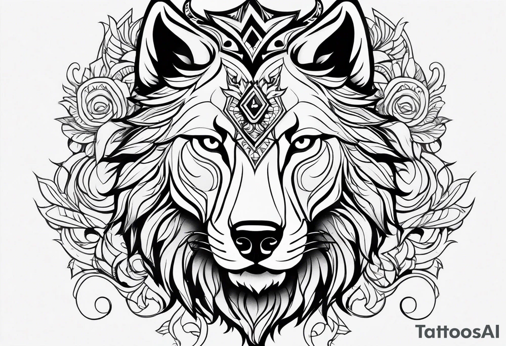 half lion half wolf head tattoo idea