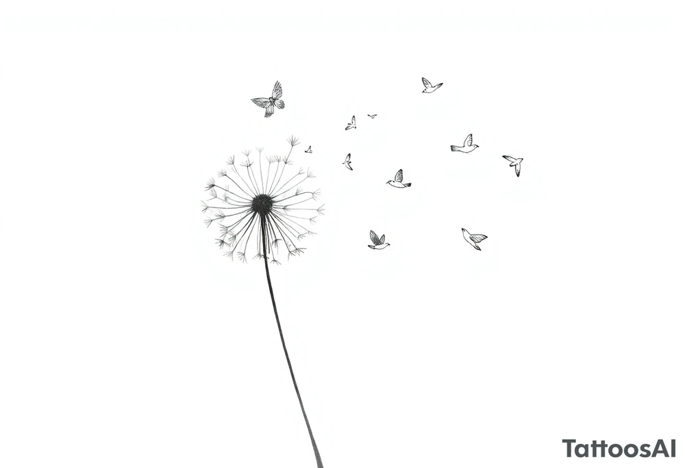 Dandelion tattoo representing motherhood, blowing in the wind giving myself to the next generation. Five birds for my children and two white birds for the children I lost. Whimsical and fine line. More artistic and soft. Still not right. Try again tattoo idea
