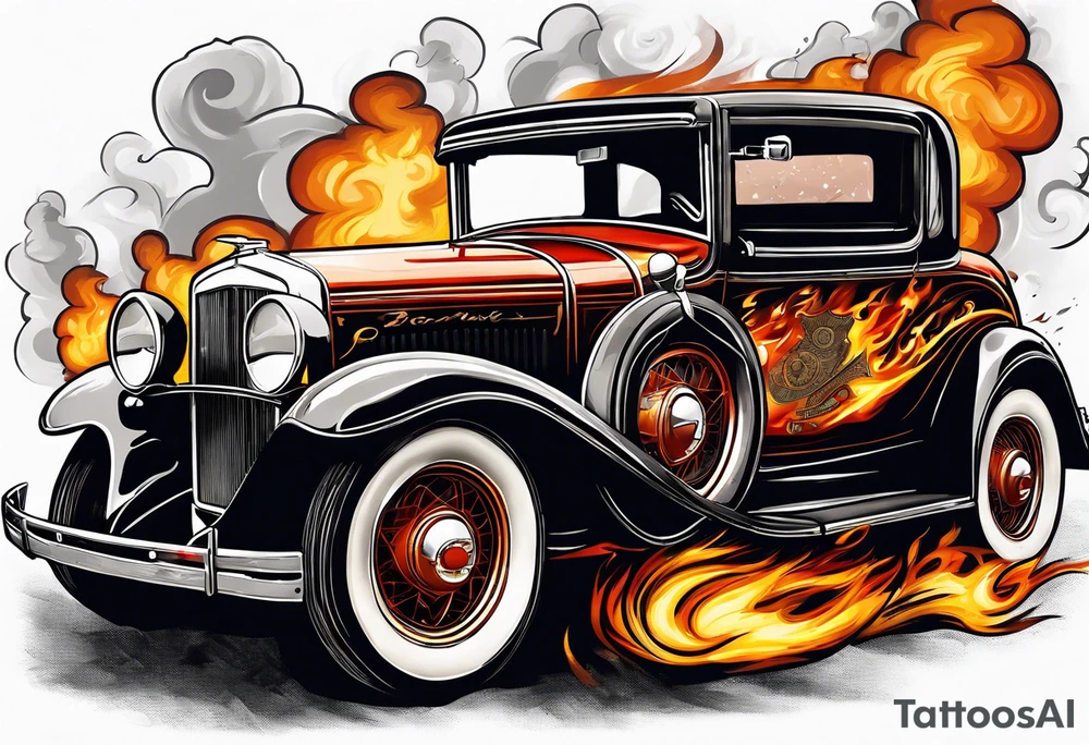 gangsters bonnie & clyde with Al Capone and machine gunns with smoke and fire tattoo idea