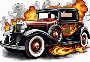 gangsters bonnie & clyde with Al Capone and machine gunns with smoke and fire tattoo idea