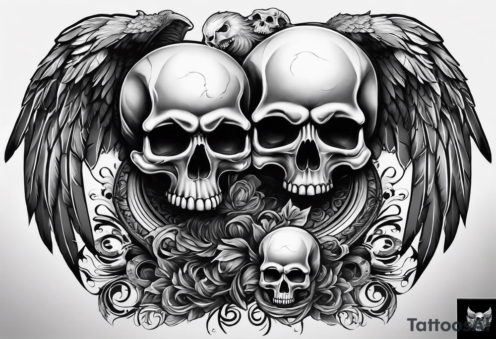 See no evil hear no evil speak no evil with skull heads with angel wings wrapped around them tattoo idea