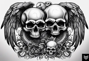 See no evil hear no evil speak no evil with skull heads with angel wings wrapped around them tattoo idea