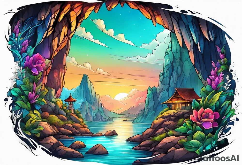 Colorful cave with water tattoo idea