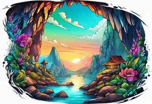 Colorful cave with water tattoo idea