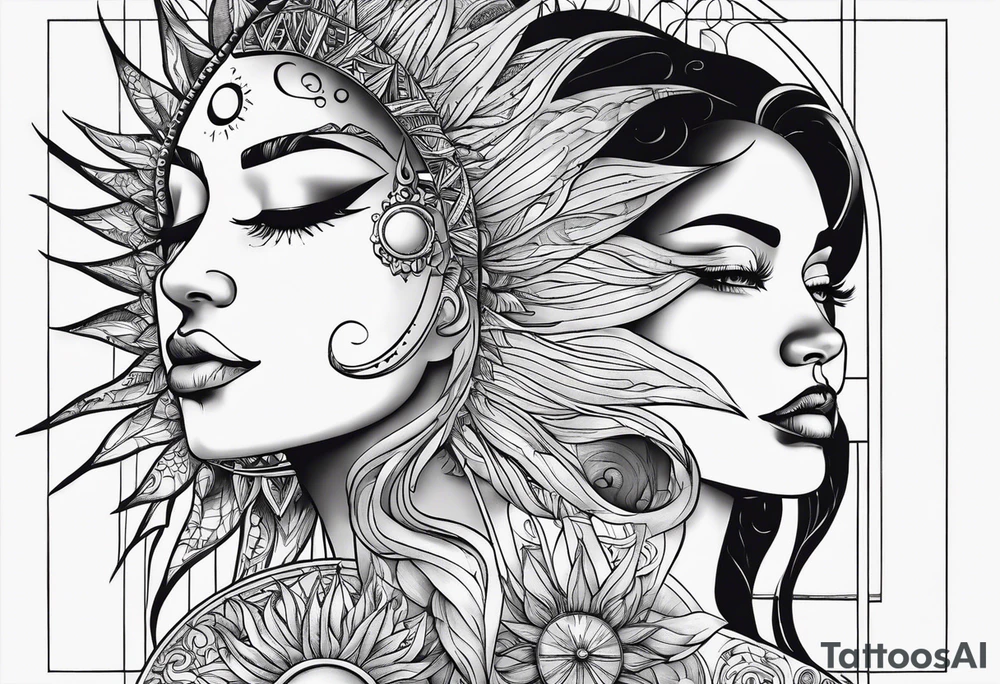 sun and the moon, the overlap
the sun has a woman's half 
face, and the moon, a man's face half tattoo idea