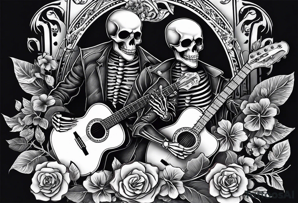 a male and a female skeleton. The male skeleton is playing the guitar. The female skeleton has a hibiscus flower. tattoo idea