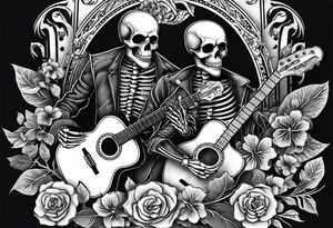 a male and a female skeleton. The male skeleton is playing the guitar. The female skeleton has a hibiscus flower. tattoo idea