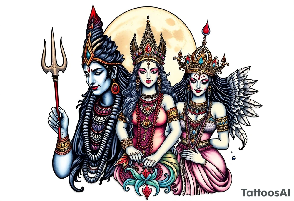 Lord Shiva, Godess Kali, Godess Lilith Together with the moon in the background tattoo idea