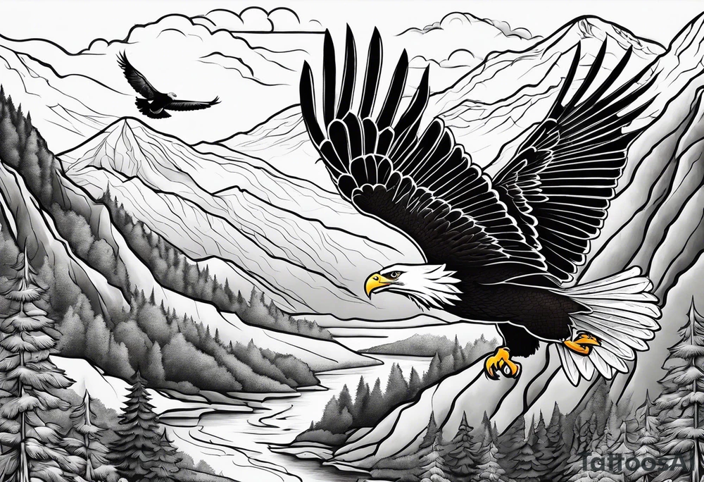Eagle and Dove flying together over a mountain with trees in the background tattoo idea