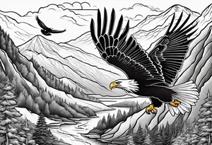 Eagle and Dove flying together over a mountain with trees in the background tattoo idea