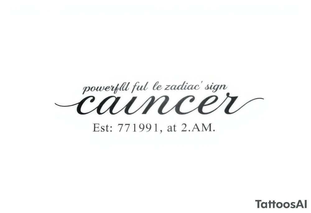 Powerful female zodiac sign cancer, Est. 07.19.91 at 2:22 A.M tattoo idea