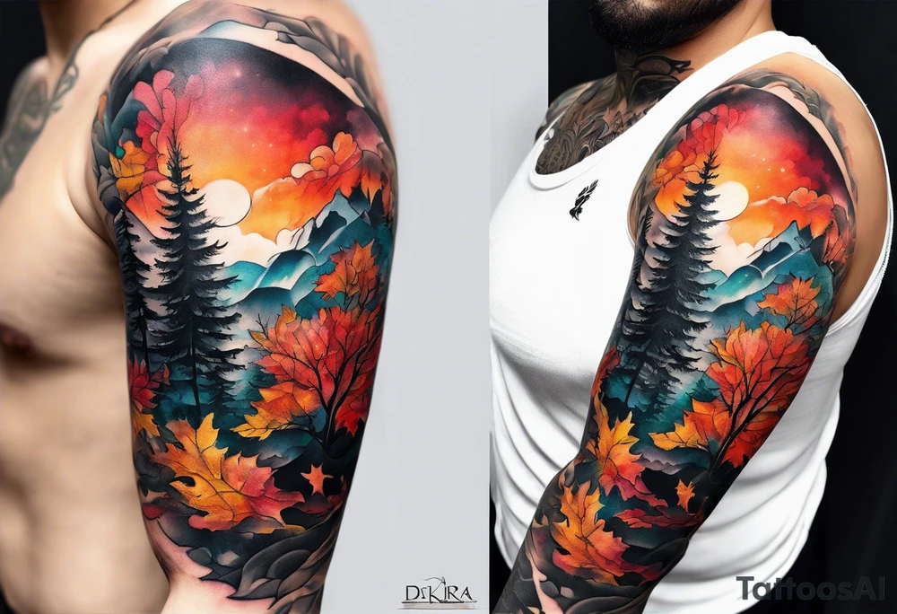 Arm Sleeve Tattoo with fall colors flat tattoo idea