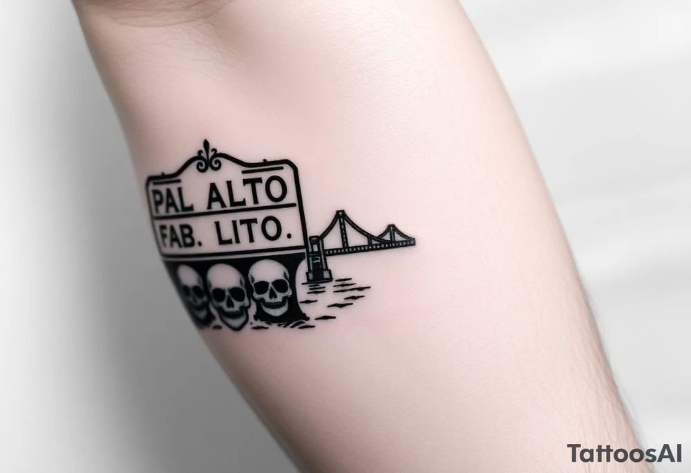 “East Palo Alto” city sign and “Newark” city sign on opposite sides of a bridge going across water in California with skulls and money and  scarface tattoo idea