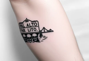 “East Palo Alto” city sign and “Newark” city sign on opposite sides of a bridge going across water in California with skulls and money and  scarface tattoo idea