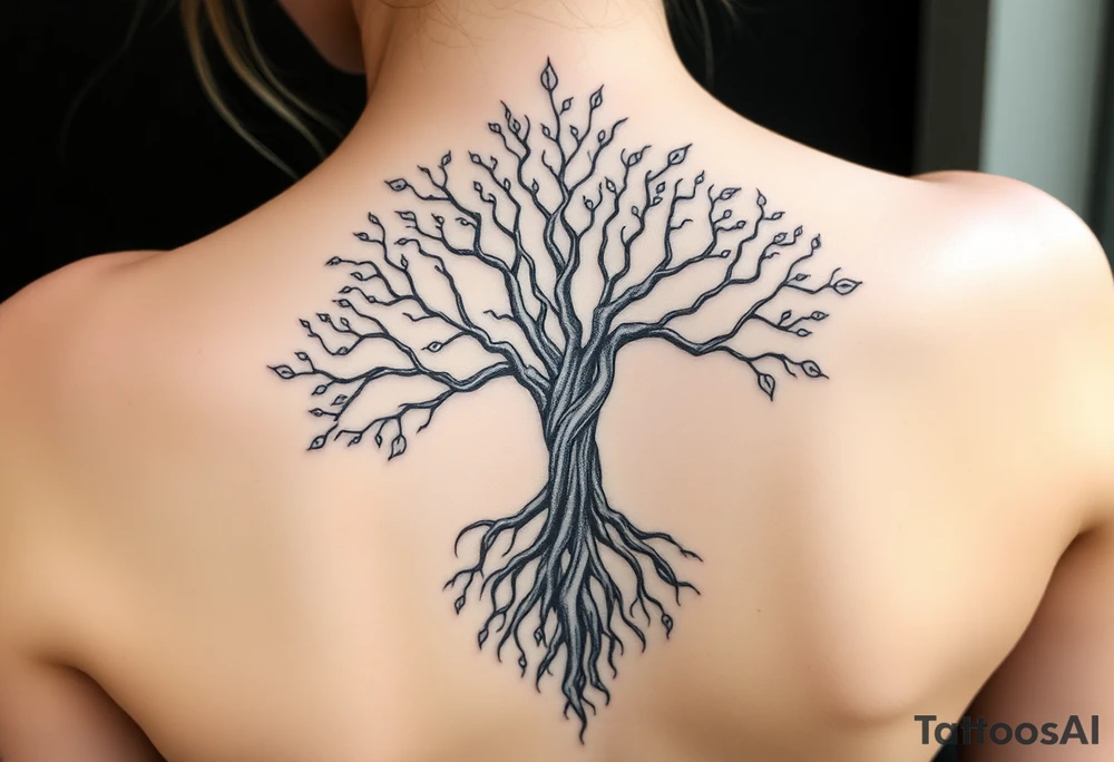 mystical tree of life with cosmic roots and celestial branches tattoo idea