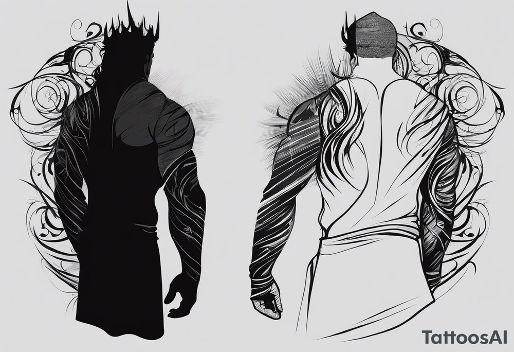 Certainly! Here’s a description for your back tattoo:

---

**Tattoo Description:**

Design: Black work, paint strokes.
Location: Back.
Concept: Dante's Inferno, representing the layers of hell.

**Design Details:**

1. **Vertical Lines:**
   - Two bold, vertical lines run parallel up the spine, symbolizing the journey through the depths of Dante's Inferno.

2. **Horizontal Lines:**
   - Nine horizontal lines intersect the vertical lines, each representing one of the nine circles of hell.
   - The lines descend down the back, each becoming progressively shorter and narrower to signify the decreasing levels of hell's circles.
   - The paint stroke style gives the lines a dynamic, brush-painted appearance, enhancing the dramatic and artistic effect.

3. **Overall Style:**
   - The black work technique ensures a striking contrast, with deep black ink emphasizing the severity and depth of the concept.
   - The paint stroke style adds an element of fluidity and movement, symbolizing the chaotic and tortured nature of hell as depicted in Dante’s Inferno.

---

This description provides a clear and detailed vision for your tattoo artist to work from, capturing the essence and symbolism of Dante’s Inferno in a powerful and visually striking way. tattoo idea