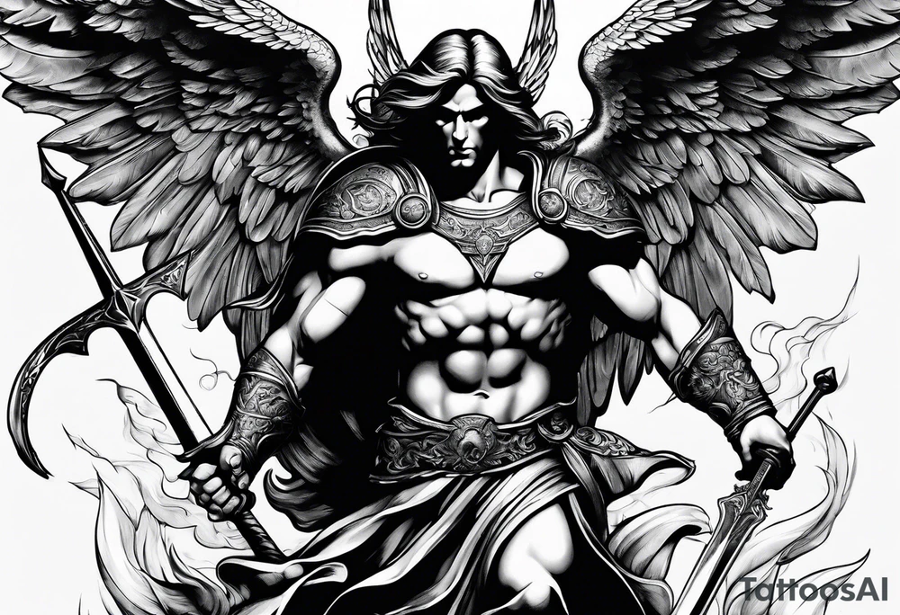 Arm sleeve of St Michael killing the devil tattoo idea