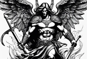 Arm sleeve of St Michael killing the devil tattoo idea