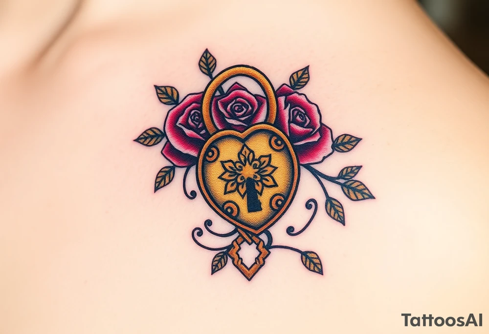 A rose-covered golden lock with a floral-shaped key, with vines wrapping gently around them tattoo idea
