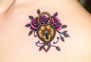 A rose-covered golden lock with a floral-shaped key, with vines wrapping gently around them tattoo idea