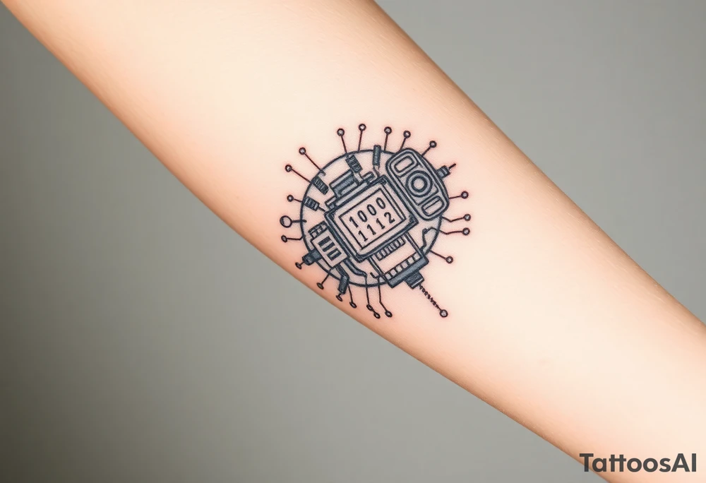 Bio-Mechanical internal computer, binary code, symbolism for 6 kids, 5 boys and youngest is a girl tattoo idea