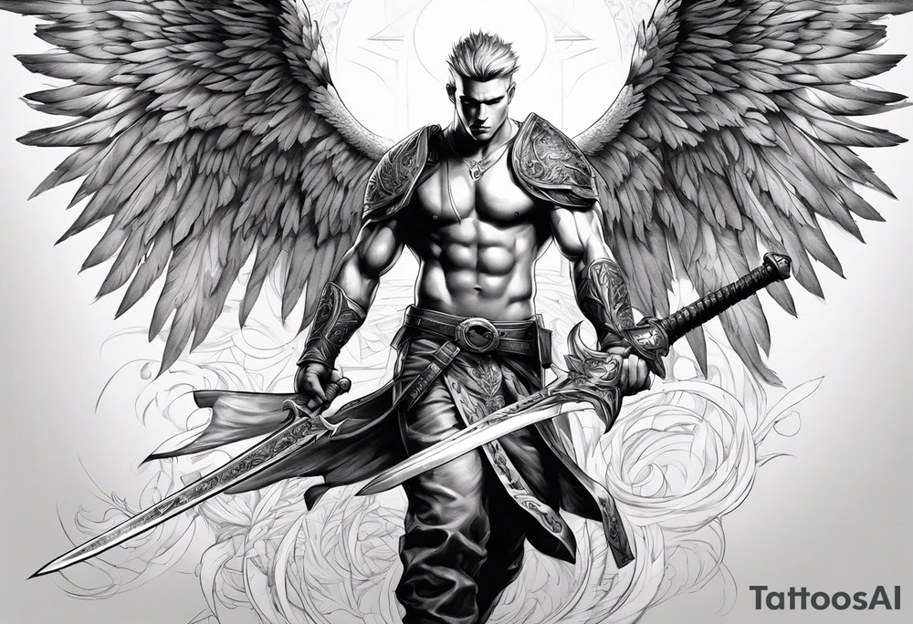 Arch angel fighting sword male full body short hair tattoo idea
