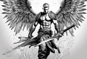 Arch angel fighting sword male full body short hair tattoo idea