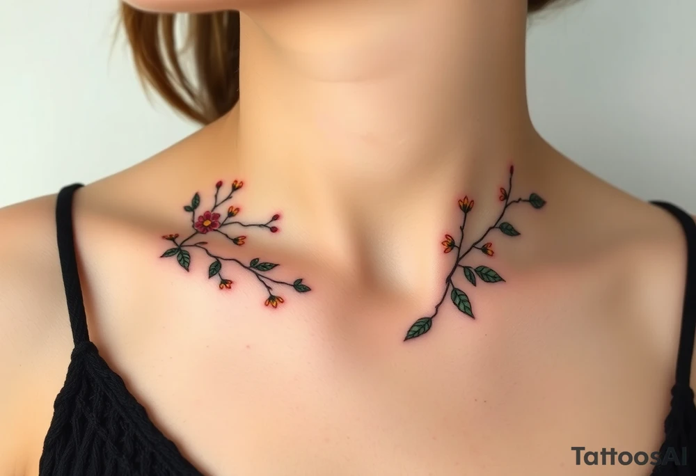 Two separate collarbone tattoos of long, stems and branches covered with red, orange, yellow and dark forest green leaves and flowers, academia, witchy, muted, delicate and gentle but moody, long and thin, following the collarbone. More muted, not so bright, darker colors. Fewer amount of leaves, larger leaves. Less flowers and leaves. tattoo idea