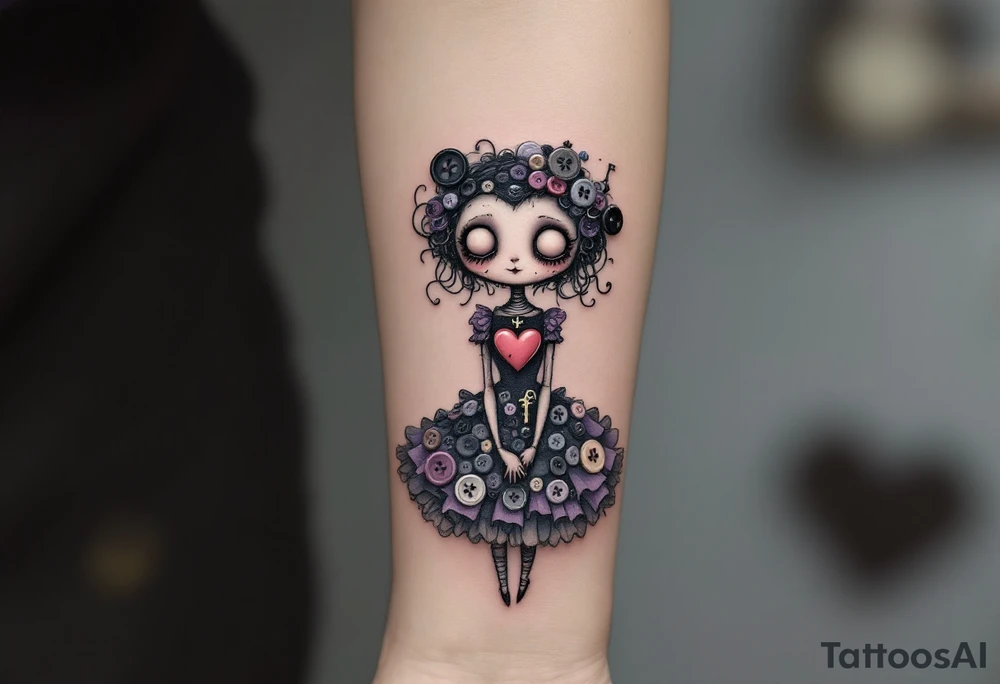Tim Burton’s Button-Heart Girl – A stitched-up girl with a wind-up key in her back and a heart made of mismatched buttons, wearing a frilly dress in faded lilac and coal black. tattoo idea