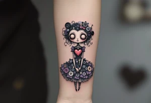 Tim Burton’s Button-Heart Girl – A stitched-up girl with a wind-up key in her back and a heart made of mismatched buttons, wearing a frilly dress in faded lilac and coal black. tattoo idea