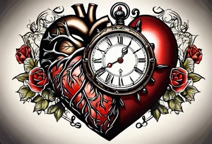 anatomical heart with clock in middle.
Clock hands on 8 and 5.
Never Say Never written on tattoo tattoo idea