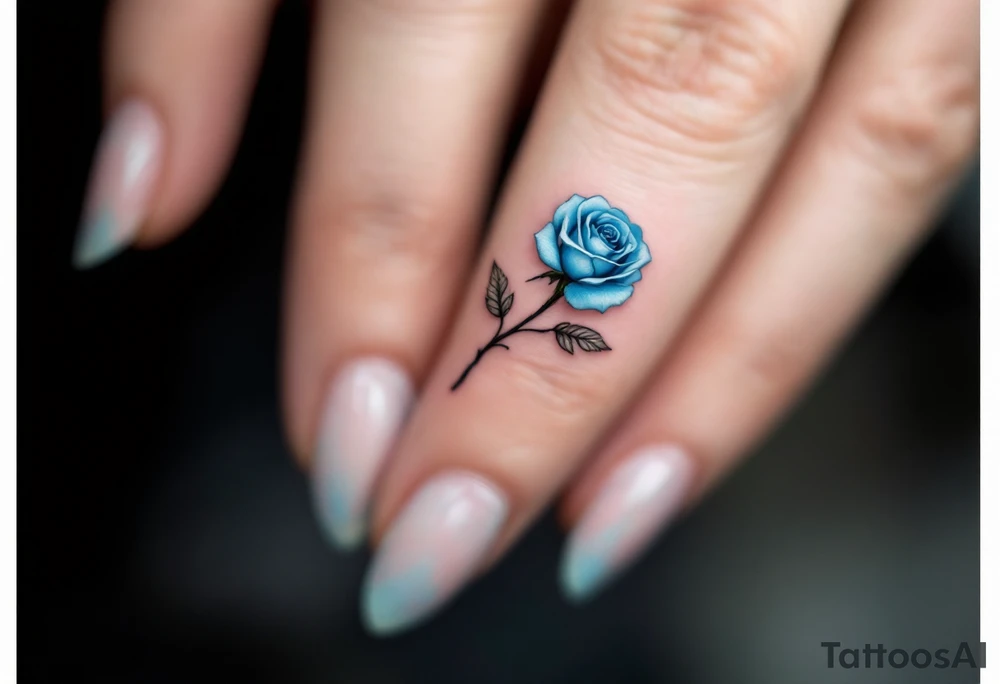 Tiny blue rose on finger, soft powder blue with tiny detailed leaves and a slender stem. tattoo idea