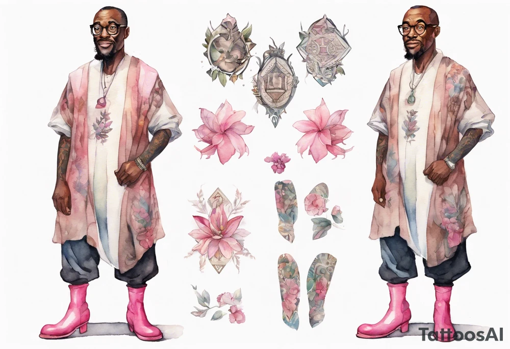 a middle-aged medieval black man wearing round glasses, wearing tunic, wearing pink boots tattoo idea