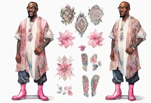 a middle-aged medieval black man wearing round glasses, wearing tunic, wearing pink boots tattoo idea