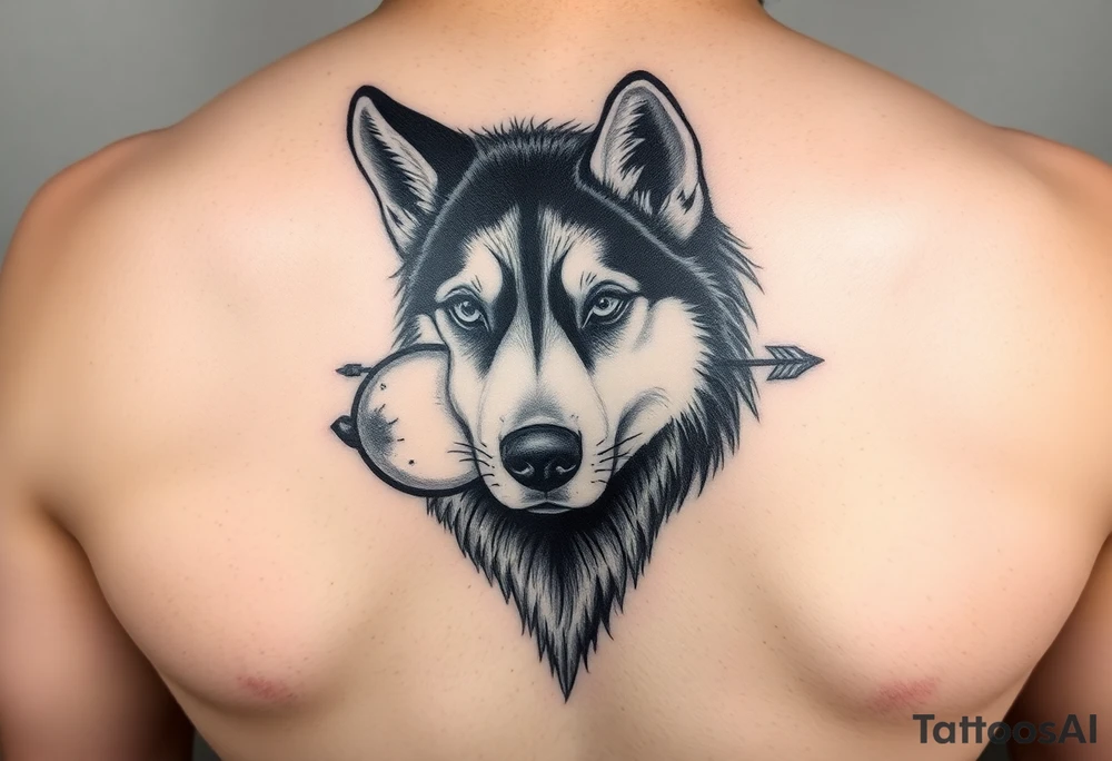 create a tatto of the face of a female husky looking at a half a moon with a arrow crossing for the underarm tattoo idea