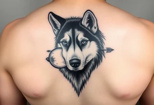 create a tatto of the face of a female husky looking at a half a moon with a arrow crossing for the underarm tattoo idea