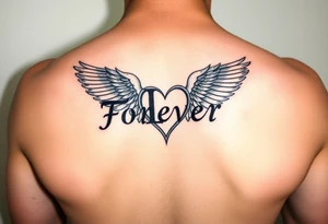 Tattoo with the word forever, the letter L and a wing in the form of a heart tattoo idea