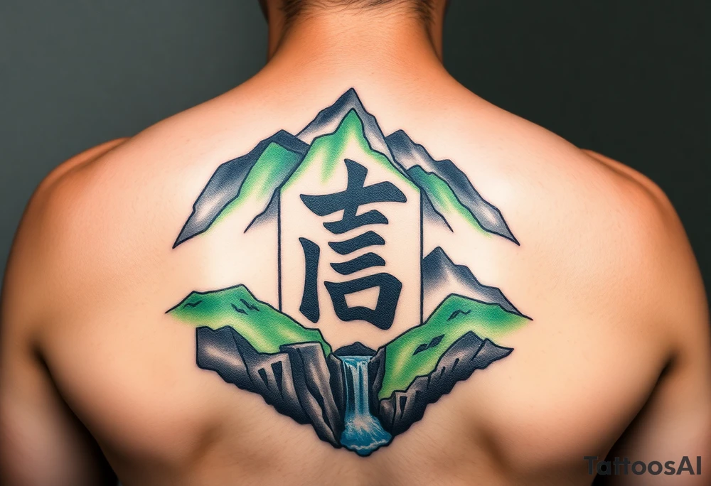 I need to import a photograph as the focal point of the tattoo. The Burmese word သား Inside of a photo the subject of the photo.  The photo surrounded by a colorful green mountainside with a waterfall tattoo idea