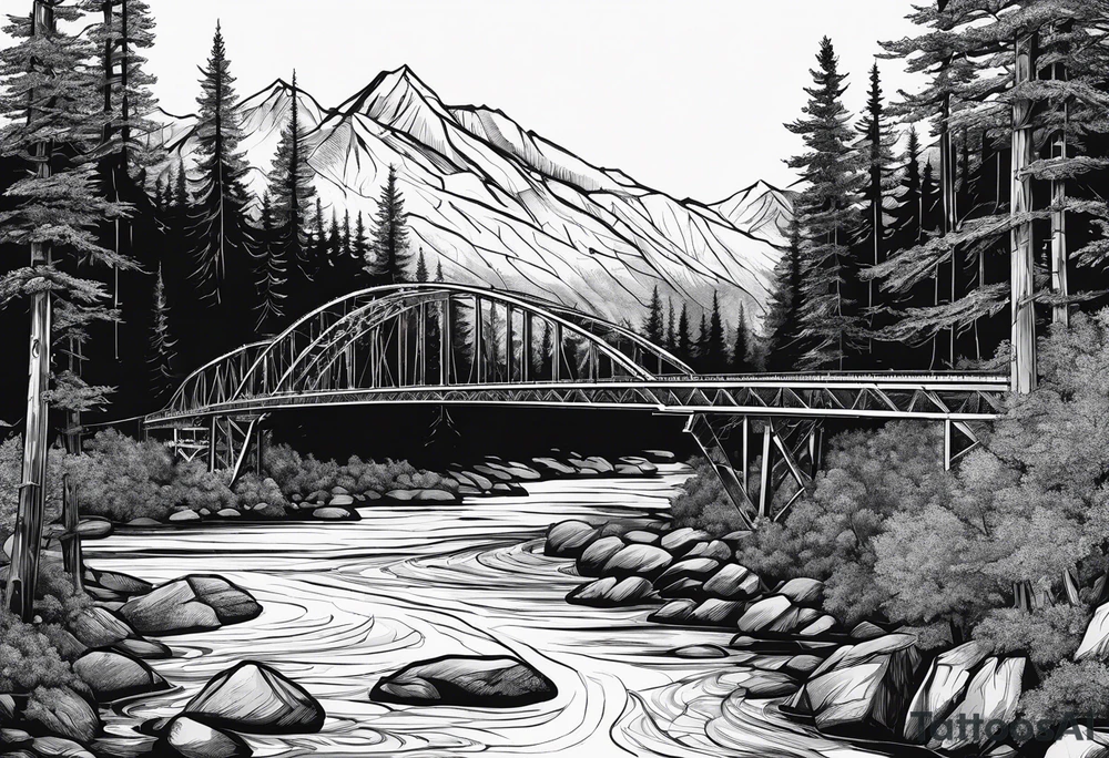steel truss cantilever bridge over river, mountains, sky, trees, pacific northwesdt tattoo idea