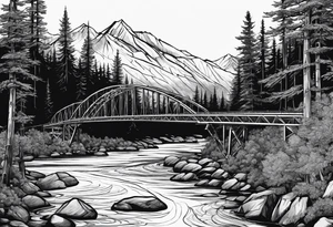steel truss cantilever bridge over river, mountains, sky, trees, pacific northwesdt tattoo idea