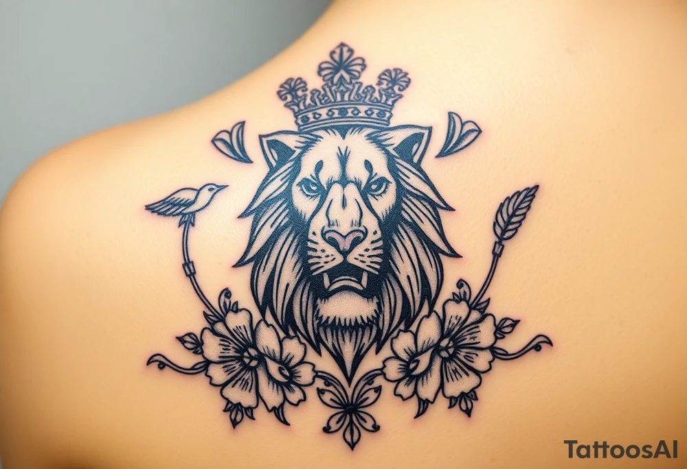 powerful majestic lion with a crown, surrounded by floral ornaments and birds tattoo idea