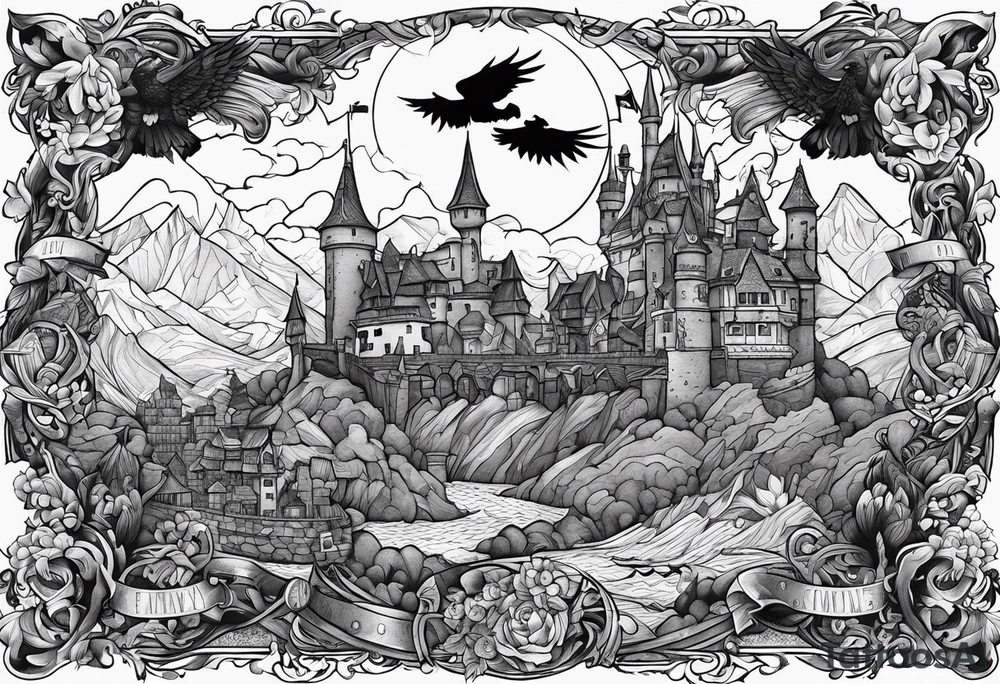 the phrase "why not now?" encased in the flag of Germany and north Carolina surrounded by characters from Howel's moving castle, Zelda, Final Fantasy 8 tattoo idea