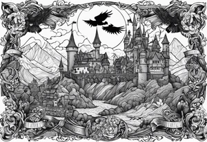 the phrase "why not now?" encased in the flag of Germany and north Carolina surrounded by characters from Howel's moving castle, Zelda, Final Fantasy 8 tattoo idea