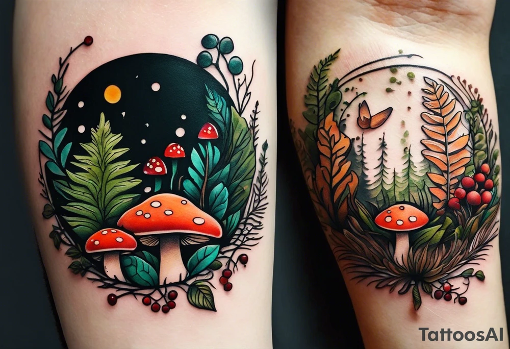 minimalistic forest floor inspired tattoo, which includes grass, moss, curly ferns and dead leaves as the bulk of the tattoo. details to include: forest berries, couple of very small brown mushrooms, a tiny bumblebee flying nearby tattoo idea