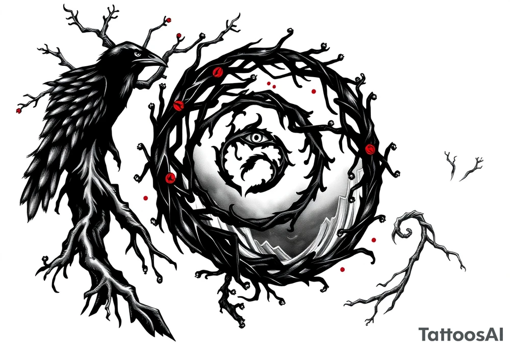 Tattoo design combining a black spiral, nature elements like roots, vines, fog, and flowing water, mythological symbols like Norse runes, a raven, and a shadowy wolf spirit. Include anime elements from Naruto and One Piece: Sharingan eye, chakra flames, Itachi silhouette, Kurama, Luffy in Gear 5, and Zoro’s swords. Style should be black and grey with red highlights, mystical, powerful, and artistic – blending nature, mythology, and anime tattoo idea