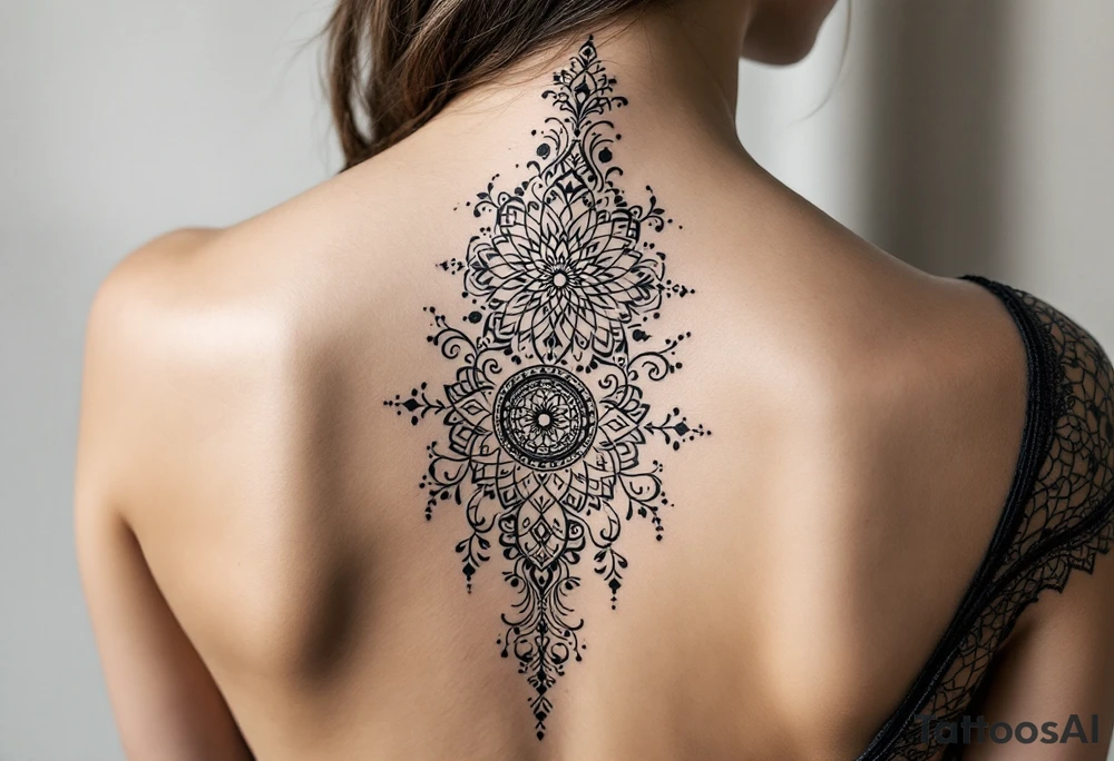 spine tattoo design with symmetrical ornamental patterns, combining dotwork, mandala elements, and flowing lines that follow the natural curves of the body. The design is intricate and balanced.” tattoo idea