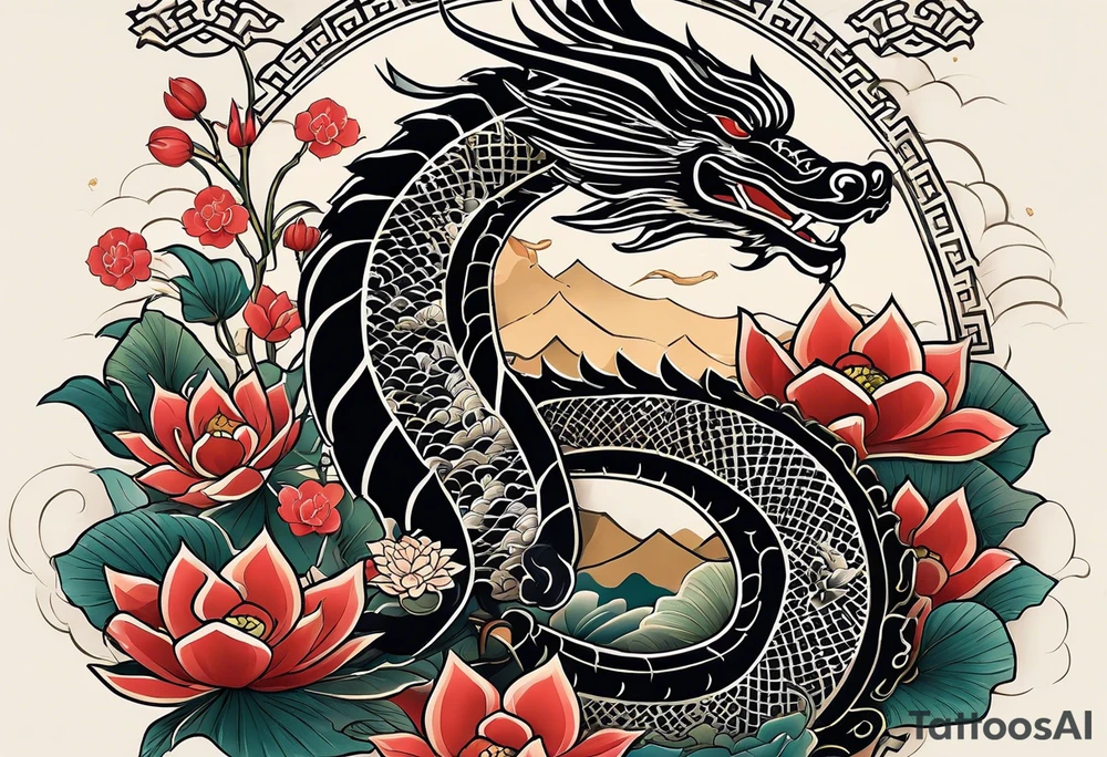 A black Vietnamese tattoo design featuring intricate depictions of sacred animals like the dragon and turtle intertwined with majestic mountains and lush rice fields. Incorporate iconic elements such as the conical straw hat floating above, surrounded by blooming lotus flowers and traditional silk lanterns. The tattoo reflects the essence of Vietnam's breathtaking nature, with swirling mist and flowing water elements woven into the composition, merging traditional artistry with a modern flair. Use a color palette that evokes the lush greens of the countryside and the warm tones of sunset. tattoo idea