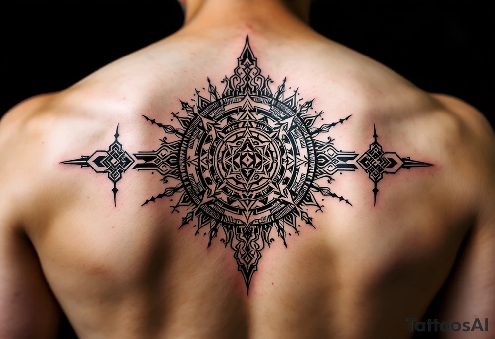A Sak Yant tattoo features intricate geometric patterns and sacred script arranged symmetrically, often combining a central yantra design with surrounding lines of ancient Khmer prayers and animal or deity motifs for spiritual protection and power. tattoo idea
