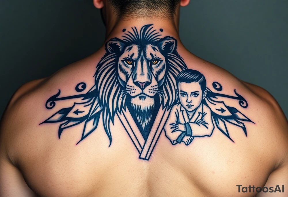 Lion wearing a Brazilian jiu jitsu gi as a person would along side his two sons. The surrounding area is the sarenghetti tattoo idea