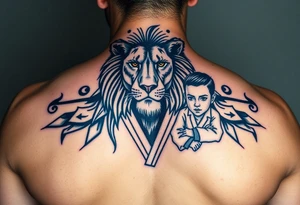Lion wearing a Brazilian jiu jitsu gi as a person would along side his two sons. The surrounding area is the sarenghetti tattoo idea